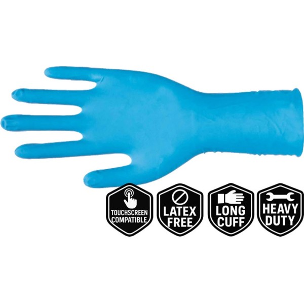 Heavy Duty Nitrile Long Cuff Gloves – Box of 50 – 300mm – Ultra Thick – Latex Free – Touchscreen Compatible