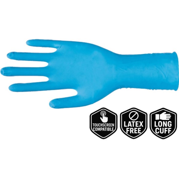Premium Nitrile Long Cuff Gloves – Box of 100 – 300mm – Latex Free – Powder Free – Touchscreen Safe