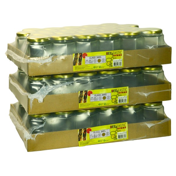 340g (0.75lb) Hexagonal Glass Honey Jars – 66 Pack – Gold Lids with Silicone Seal – Food Safe