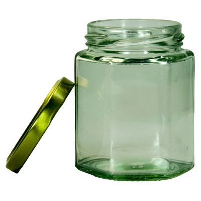227g Hexagonal Glass Honey Jars – 99 Pack – Gold Lids with Silicone Seal – Food Safe