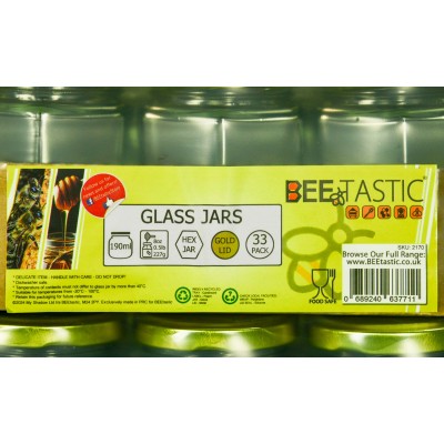 227g Hexagonal Glass Honey Jars – 33 Pack – Gold Lids with Silicone Seal – Food Safe
