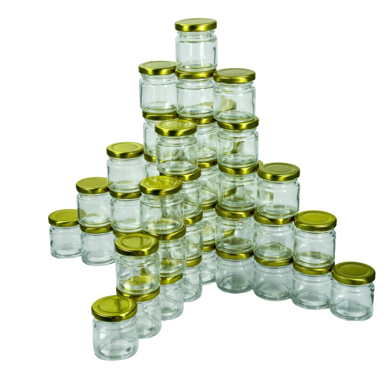 50g Round Glass Honey Jars – 48 Pack – Gold Lids Included – Food Safe